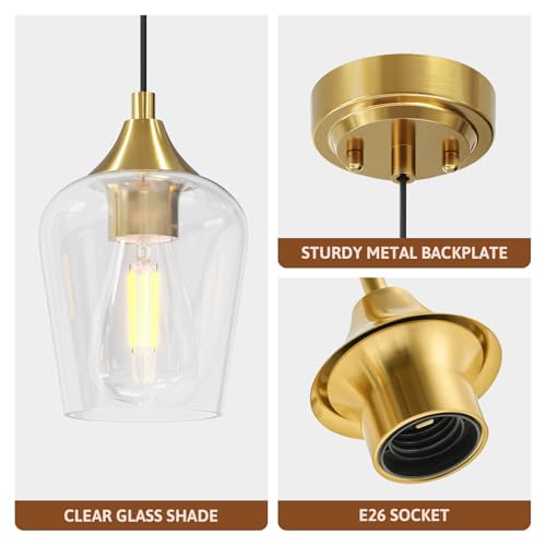 VONLUCE Pendant Lights Kitchen Island, Brushed Gold Pendant Light Fixtures with E26 Base & Adjustable Cable, Modern Pendant Lighting with Glass Shade for Living Room Bedroom Hallway, 3 Packs - Image 4
