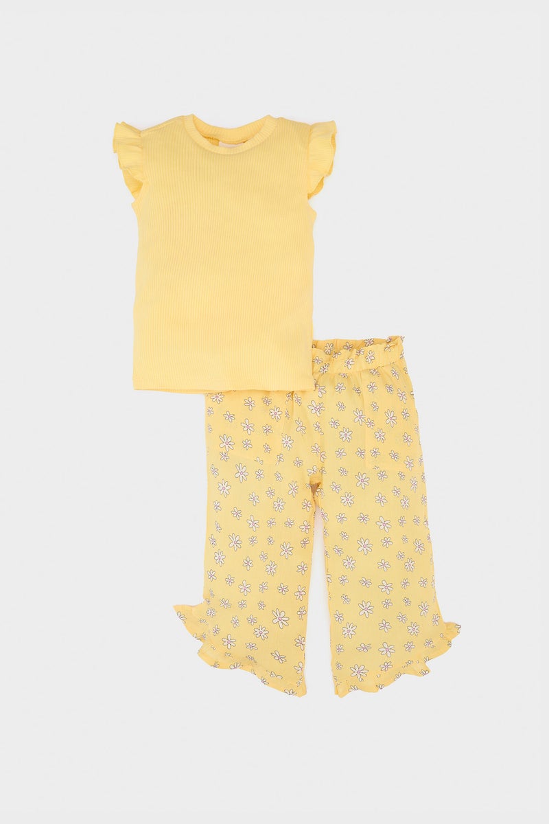 DeFacto Baby Girl T shirt Floral Crinkle Viscose Trousers 2 Piece Set - Image 1