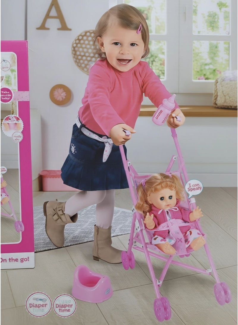 عروسة بيبي للأطفال مع عربة وملحقات كاملة | لعبة رعاية الطفل مع زجاجة ومرحاض – مجموعة بنات 3+ - Image 2