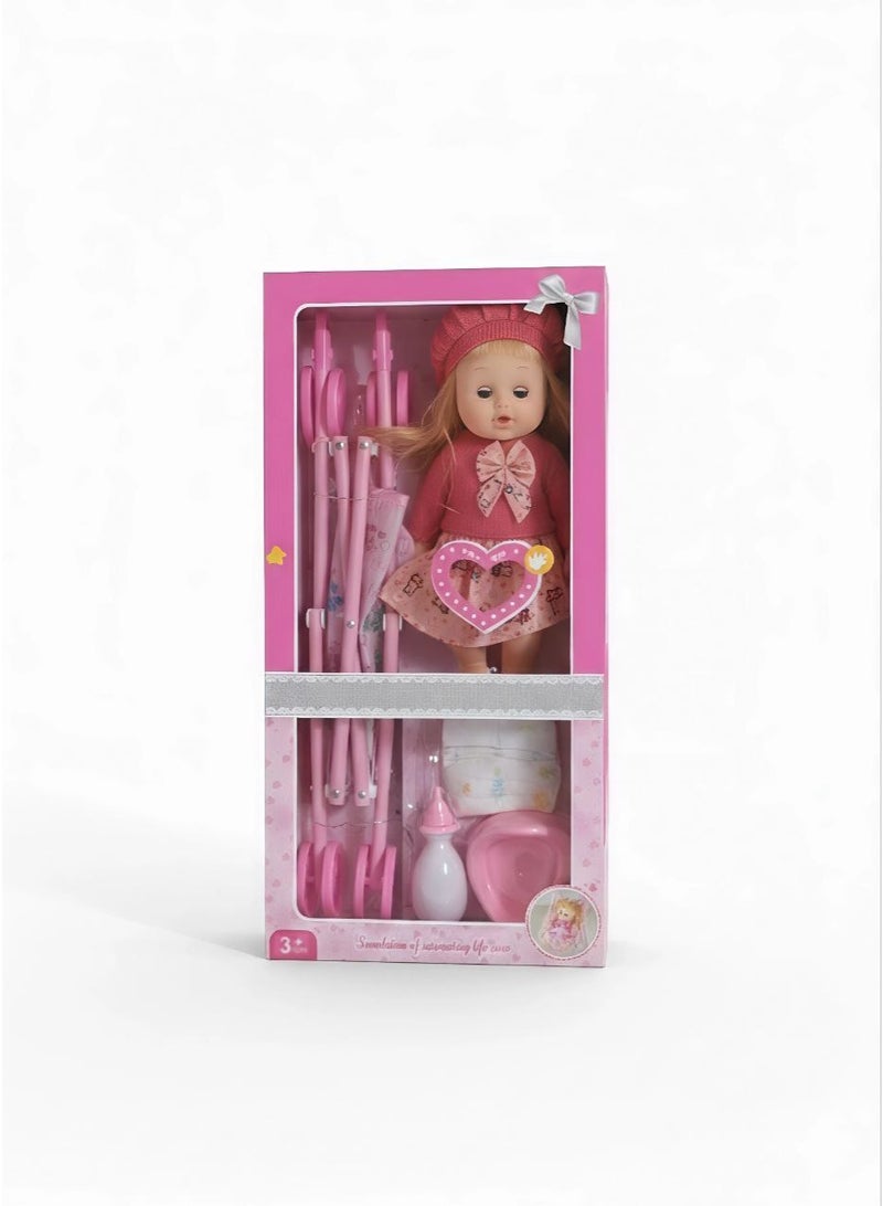 عروسة بيبي للأطفال مع عربة وملحقات كاملة | لعبة رعاية الطفل مع زجاجة ومرحاض – مجموعة بنات 3+ - Image 1