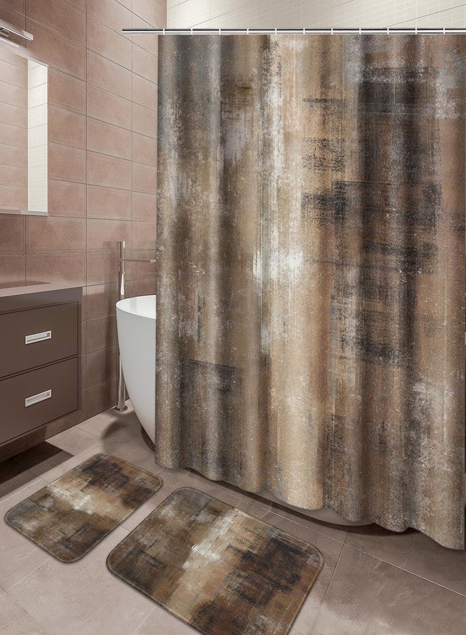 ArtSocket Brown Bathroom Set with Shower Curtain and Rugs Accessories, Brown Grey Abstract Modern Shower Curtain Set Abstract Bathroom Decor 3 Pcs - Image 1