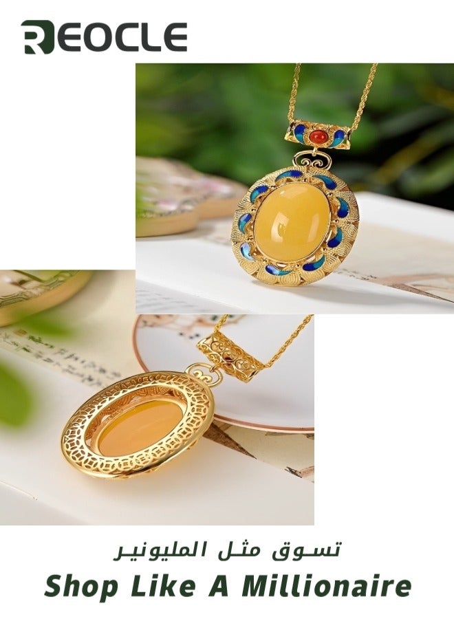 REOCLE Baltic Amber Pendant Classic Oval Pendant with Exquisite Water Drop Pattern Luxurious High-end French Beeswax Necklace Best Jewellery Gift - Image 5