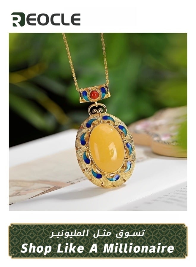 REOCLE Baltic Amber Pendant Classic Oval Pendant with Exquisite Water Drop Pattern Luxurious High-end French Beeswax Necklace Best Jewellery Gift - Image 1