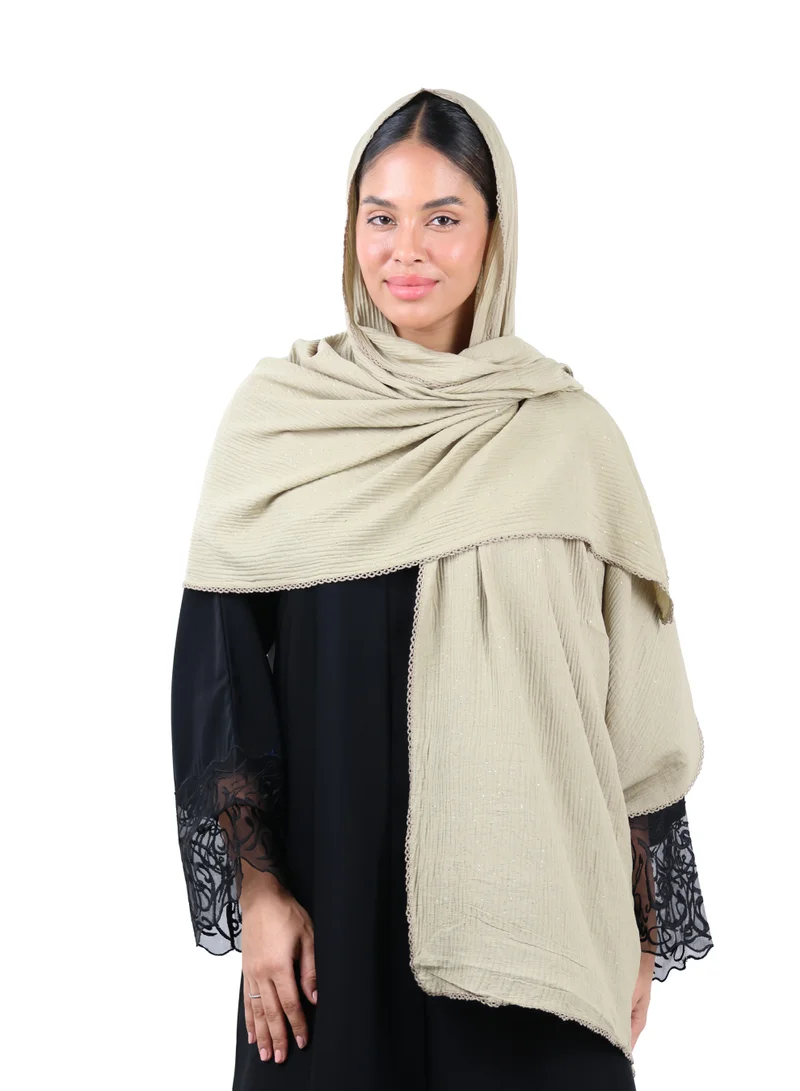 Crinkle Cotton Mix Scarf with Lace Trim & Shimmer (Warm Taupe)
