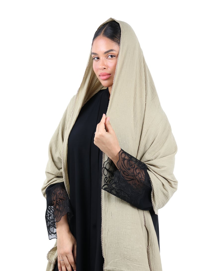 جميلة وشاح قطني مزيج مجعّد مع حواف دانتيل ولمسات لامعة - تاوب دافئ - Image 2