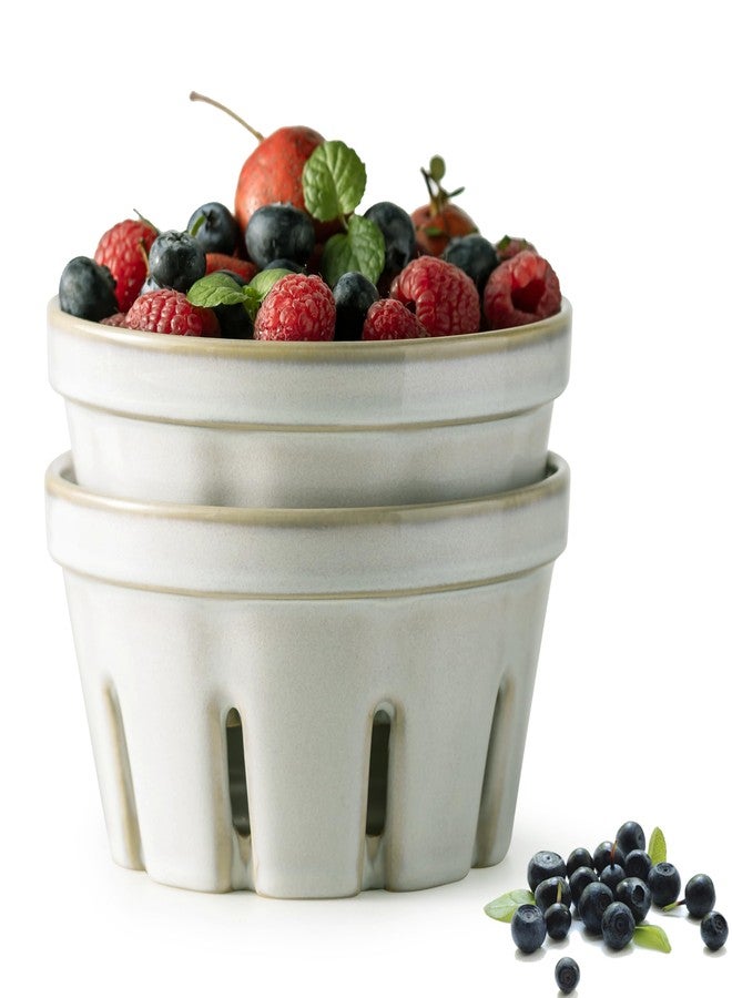 Gomakren Fruit Bowl with Holes, Ceramic Berry Basket Set of 2, 5.8 Inch Round Fruit Basket for Kitchen, Berry Containers Colander - Farmhouse Kitchen Decor, White - Image 1