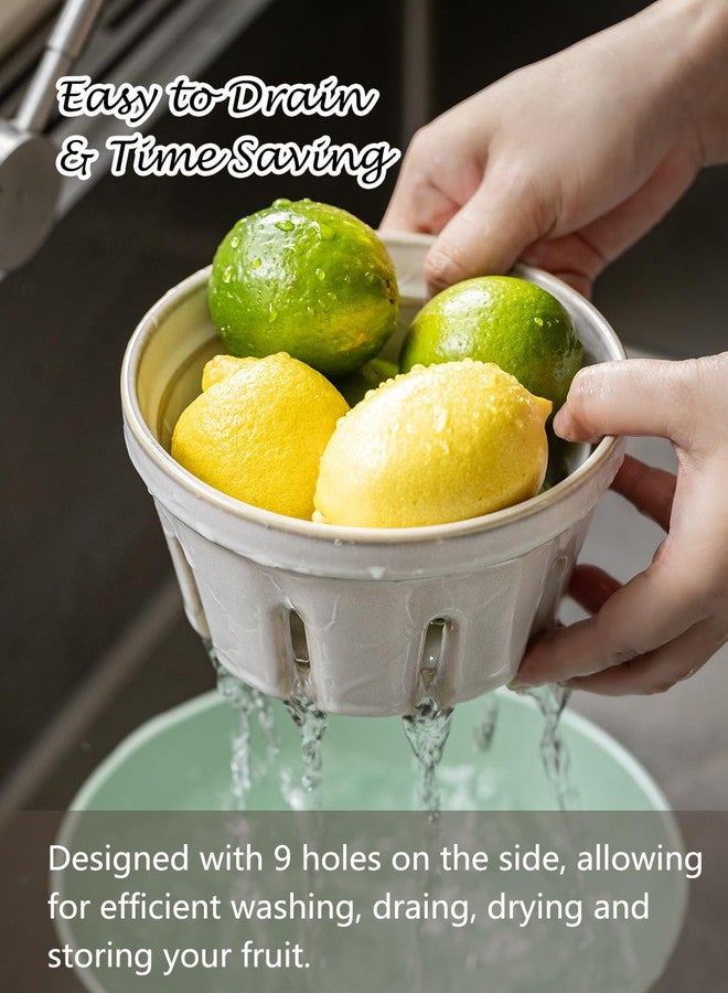 Gomakren Fruit Bowl with Holes, Ceramic Berry Basket Set of 2, 5.8 Inch Round Fruit Basket for Kitchen, Berry Containers Colander - Farmhouse Kitchen Decor, White - Image 3