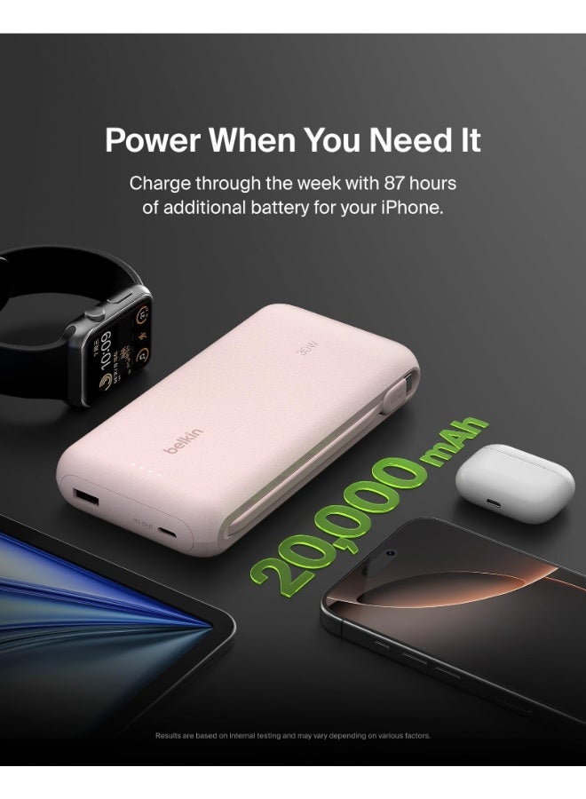 بيلكين باور بانك BoostCharge 20K | كابل USB-C مدمج، خرج سريع 30W PD، كابل USB-C مدمج بطول 4.7 بوصة/12 سم، شحن 3 أجهزة في نفس الوقت، مؤشر LED، مشحون مسبقًا جاهز للاستخدام - وردي - Image 3