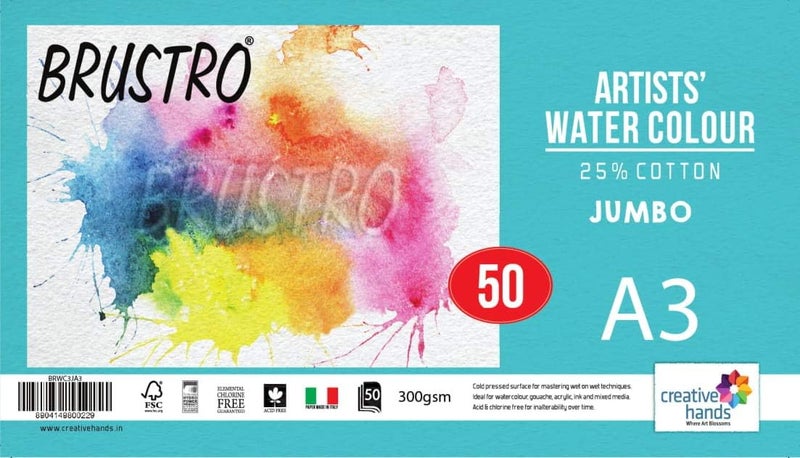 BRUSTRO Artists 25% Cotton Watercolour Paper, 300 GSM, Cold Pressed Jumbo - A3 (50 Sheets) | Ideal for Watercolor,Acrylic,Gouache,Charcoal,Graphite,Ink & Other Mixed Media - Image 1