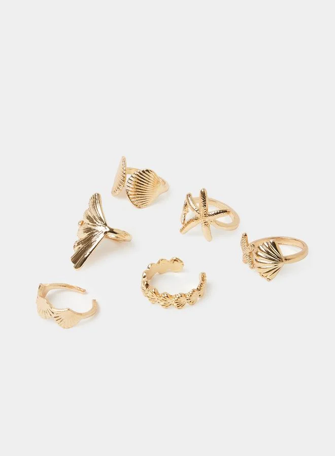ستايلي Pack of 6 - Gold Tone Seashell and Starfish Rings