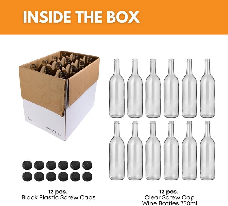 FastRack 750ml Clear, W5 Wine Bottles Screw TOP with 12 Plastic Caps - Image 2