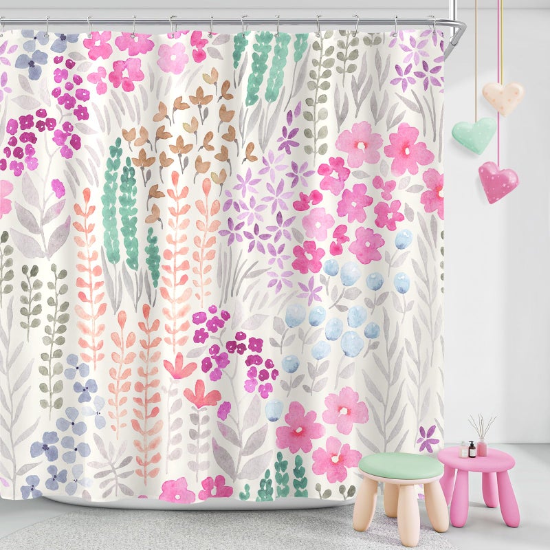 MAYZUS Hot Pink Cute Floral Shower Curtain, Colorful Plant Leaves Watercolor Flower Fabric Shower Curtain, Boho Funky Wildflower Shower Curtain Set, Cottagecore Bohemian Bathroom Decor, 72x72 - Image 1