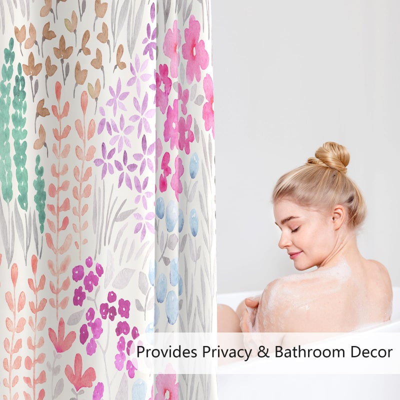 MAYZUS Hot Pink Cute Floral Shower Curtain, Colorful Plant Leaves Watercolor Flower Fabric Shower Curtain, Boho Funky Wildflower Shower Curtain Set, Cottagecore Bohemian Bathroom Decor, 72x72 - Image 3