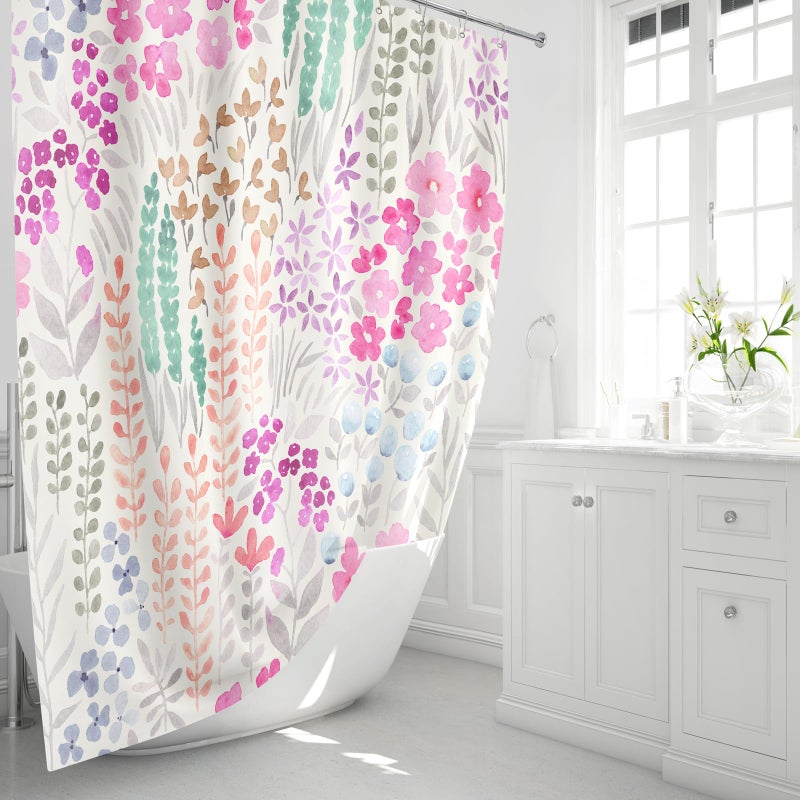 MAYZUS Hot Pink Cute Floral Shower Curtain, Colorful Plant Leaves Watercolor Flower Fabric Shower Curtain, Boho Funky Wildflower Shower Curtain Set, Cottagecore Bohemian Bathroom Decor, 72x72 - Image 2