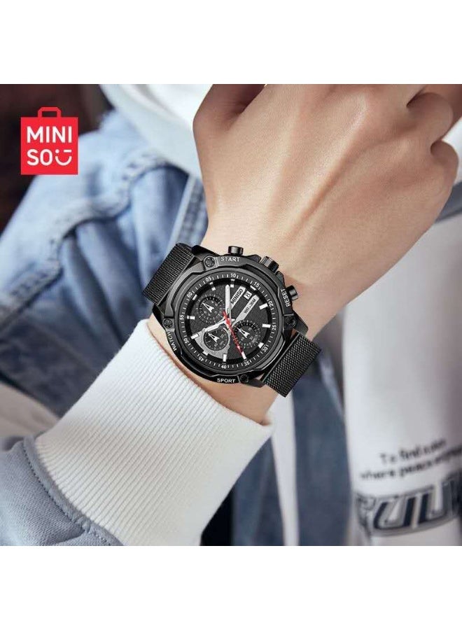 Miniso Men’s Wristwatch 5503 – Black Dial with Mesh Strap, 30M Waterproof, 44.5mm Case, Stylish Casual & Business Watch - Image 3