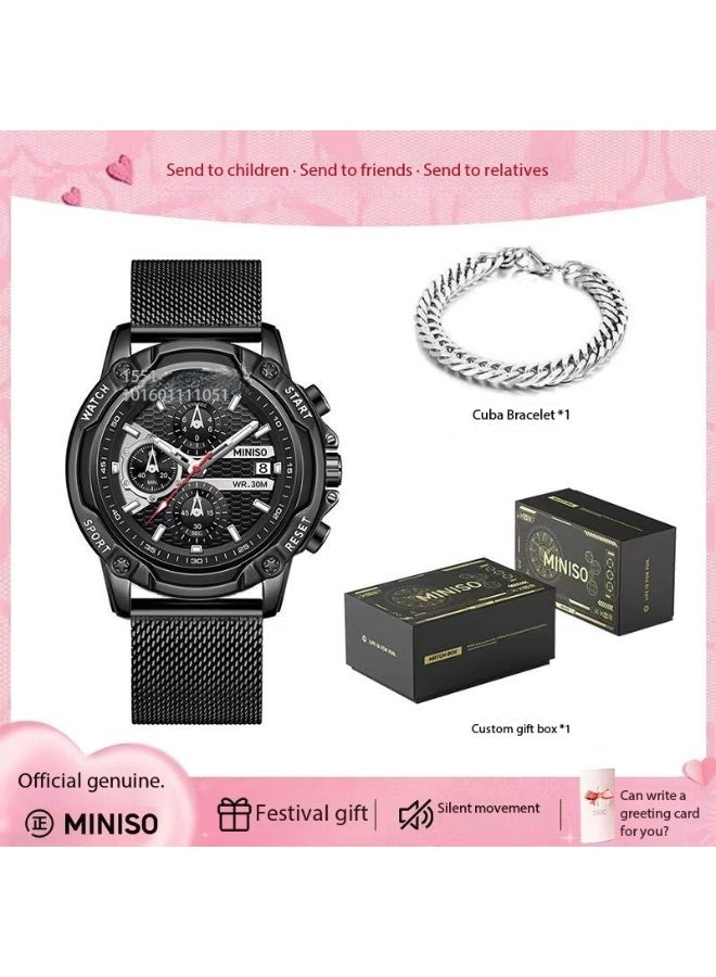 Miniso Men’s Wristwatch 5503 – Black Dial with Mesh Strap, 30M Waterproof, 44.5mm Case, Stylish Casual & Business Watch - Image 2