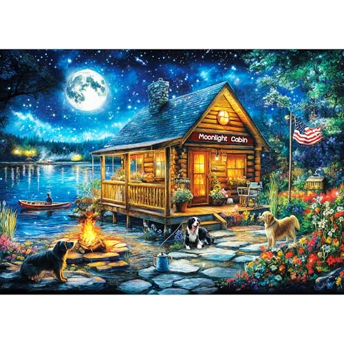 lamplig Puzzles for Adults 1000 Pieces Jigsaw Puzzles 1000 Pieces Lakeside Cabin Moonlight 1000 Piece Puzzles with Letters on Back Puzzle for Fun Game Nights Gift 276x205 inch 11 Poster - Image 1