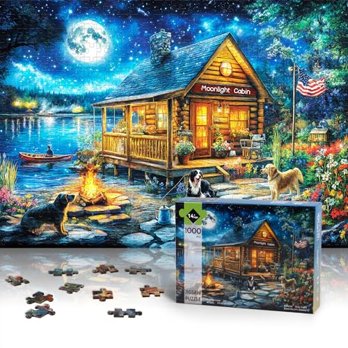 lamplig Puzzles for Adults 1000 Pieces Jigsaw Puzzles 1000 Pieces Lakeside Cabin Moonlight 1000 Piece Puzzles with Letters on Back Puzzle for Fun Game Nights Gift 276x205 inch 11 Poster - Image 5