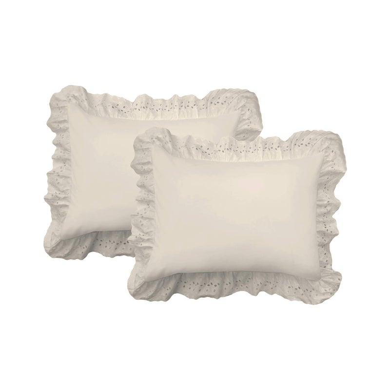 Fresh Ideas Ruffled Bed Pillow Shams with Embroidered Eyelet Detail  King  Ivory  2-Pack - Image 1