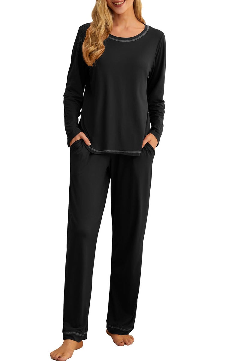 PrinStory Women's Pajama Set 2026 Lounge Sets Long Sleeve Sleepwear Soft 2 Piece Pjs with Pockets Black-L - Image 2