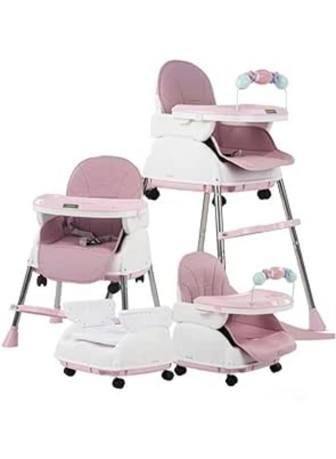 umbrella Umbrella 4-In-1 Foldable High Chair, Adjustable Height And Footrest - Baby & Toddler Feeding Booster Seat With Tray, Wheels, Safety Belt And Cushion For 6 Months To 4 Years (Pink) 