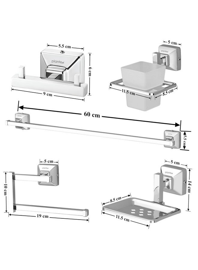 Plantex 304 Grade Stainless Steel Bathroom Accessories Set of 5 - Towel Rod/Hand Napkin Hanger for Wash Basin/Soap Case/Toothbrush Holder/Robe Hook - Squaro (Chrome) - Image 2