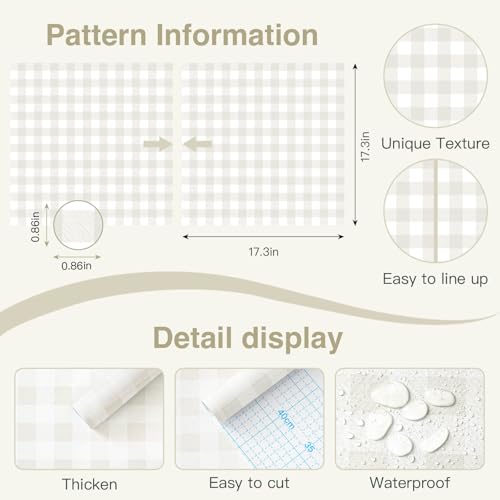 Fiula Plaid Wallpaper Neutral Wallpaper 78.7"×17.3" Checkered Wall Paper Peel and Stick Modern Beige Contact Paper for Cabinets Vinyl Renter Friendly Waterproof Self-Adhesive Bathroom Kitchen Bedroom - Image 3