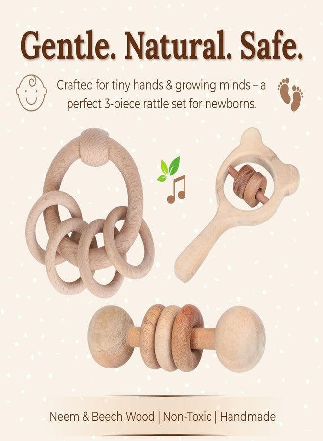 Babbles Wooden Rattle Set for Babies 0-6 Months, 6-12 Months | New Born Toys | Baby Shower Gifts | New Born Baby Essentials | Rattle Toys (Ring+Dumbbell+Micky Head) - Image 5