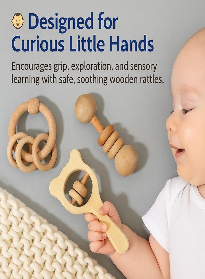 Babbles Wooden Rattle Set for Babies 0-6 Months, 6-12 Months | New Born Toys | Baby Shower Gifts | New Born Baby Essentials | Rattle Toys (Ring+Dumbbell+Micky Head) - Image 2