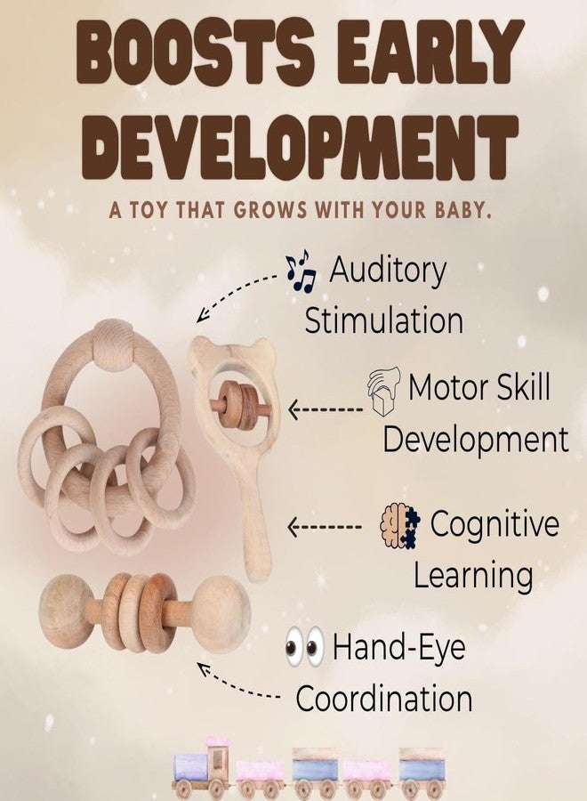 Babbles Wooden Rattle Set for Babies 0-6 Months, 6-12 Months | New Born Toys | Baby Shower Gifts | New Born Baby Essentials | Rattle Toys (Ring+Dumbbell+Micky Head) - Image 3