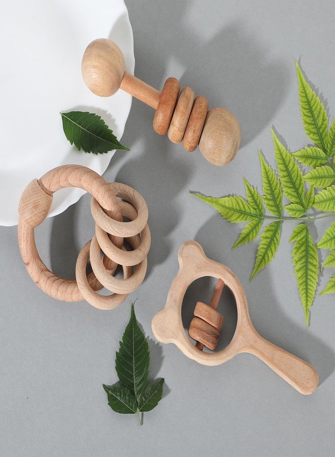 Babbles Wooden Rattle Set for Babies 0-6 Months, 6-12 Months | New Born Toys | Baby Shower Gifts | New Born Baby Essentials | Rattle Toys (Ring+Dumbbell+Micky Head) - Image 1