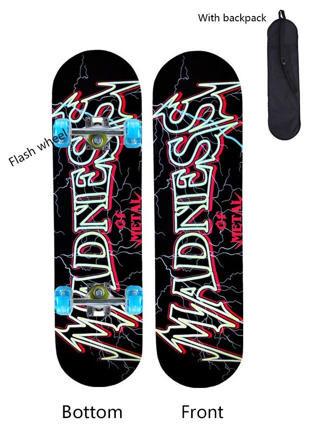 لوح تزلج فلاش بأربع عجلات للمبتدئين 80*20 سم مع حقيبة ظهر للأولاد والبنات، لوح تزلج مقعر مزدوج الركلة من خشب القيقب مكون من 7 طبقات للأطفال والكبار