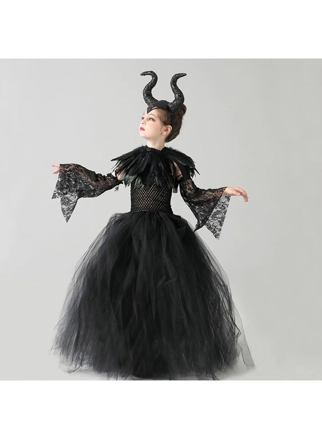 OBEEII Kids Girls Witch Costume Handmade Knitted Tulle Dress Evil Queen Fancy Dress Costume for Halloween Carnival Cosplay Black 5 Pieces 8-10 Years - Image 3