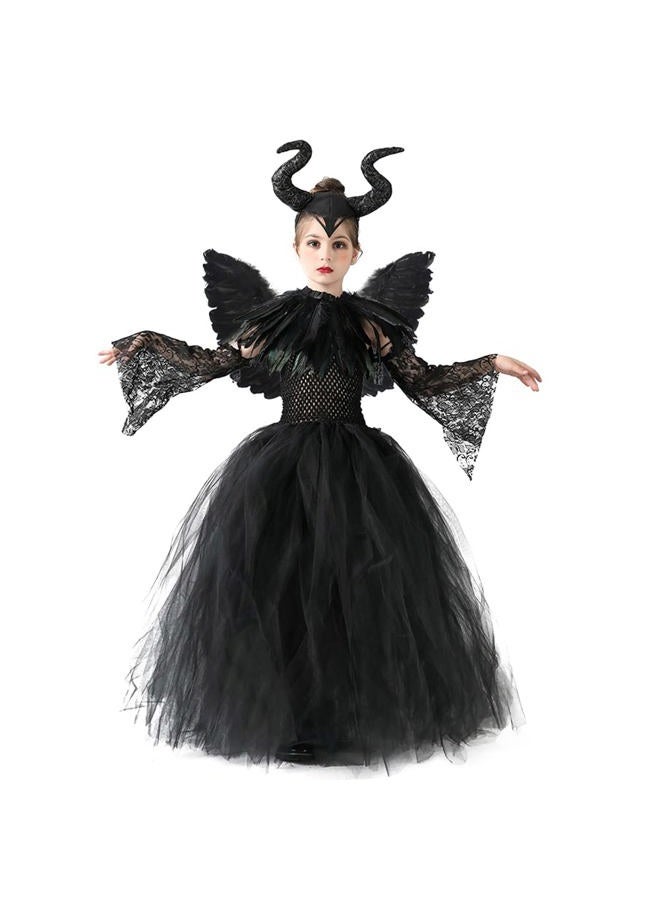 OBEEII Kids Girls Witch Costume Handmade Knitted Tulle Dress Evil Queen Fancy Dress Costume for Halloween Carnival Cosplay Black 5 Pieces 8-10 Years - Image 1