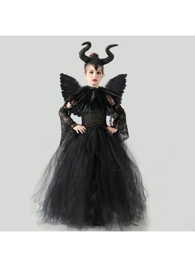 OBEEII Kids Girls Witch Costume Handmade Knitted Tulle Dress Evil Queen Fancy Dress Costume for Halloween Carnival Cosplay Black 5 Pieces 8-10 Years - Image 2