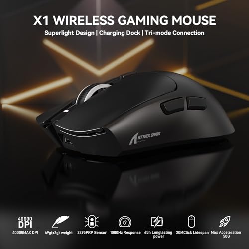 MAMBASNAKE ATTACK SHARK X1 Wireless Gaming Mouse with RGB Charging Dock, PAW3395 PRO Sensor Up to 40K DPI,53g Ultra Light Tri-Mode Computer Mice,1KHz Polling Rate 5 Programmable Buttons for WIN/MAC-Black - Image 2