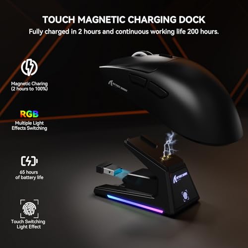 MAMBASNAKE ATTACK SHARK X1 Wireless Gaming Mouse with RGB Charging Dock, PAW3395 PRO Sensor Up to 40K DPI,53g Ultra Light Tri-Mode Computer Mice,1KHz Polling Rate 5 Programmable Buttons for WIN/MAC-Black - Image 4