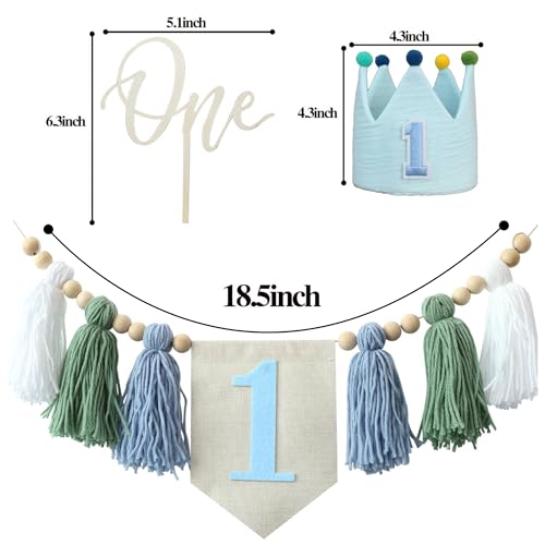 DCJHFJ Baby 1st Birthday Party Decorations For Handmade Tassel Garland Highchair Banner With One Cake Topper Blue Crown Hat - Image 5