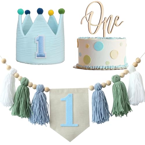 DCJHFJ Baby 1st Birthday Party Decorations For Handmade Tassel Garland Highchair Banner With One Cake Topper Blue Crown Hat - Image 2