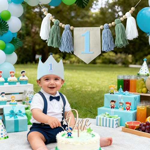 DCJHFJ Baby 1st Birthday Party Decorations For Handmade Tassel Garland Highchair Banner With One Cake Topper Blue Crown Hat - Image 4