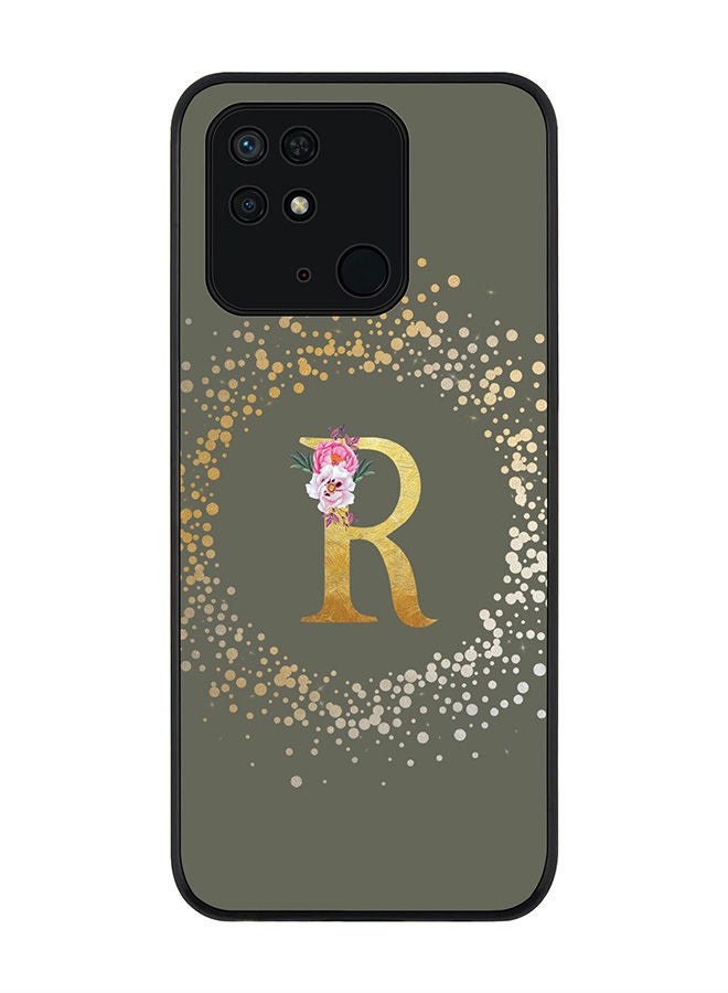 Stylizedd Rugged Black edge case for Redmi 10C 4G  Slim fit Soft Case Flexible Rubber Edges Anti Drop TPU Gel Thin Cover - Custom Monogram Initial Letter Floral Pattern Alphabet - R (Olive Green ) - Image 1