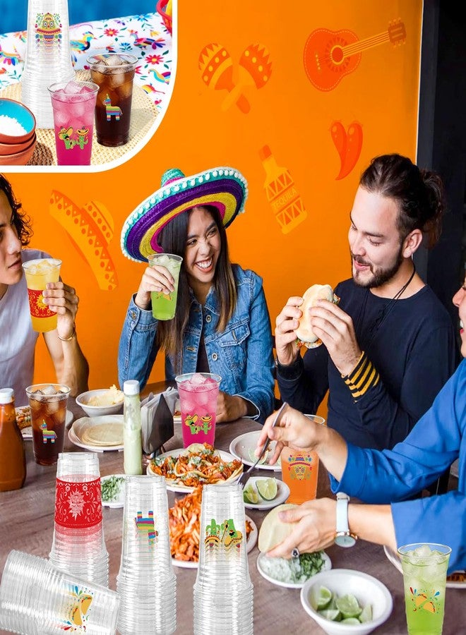 CUPLOOV 50Pcs Fiesta Cups,12 Oz Plastic Disposable Clear Mexican Cups with 5 Pattern Designs for Cinco De Mayo Drinkware Party Supplies Taco Birthday Party Decorations - Image 2