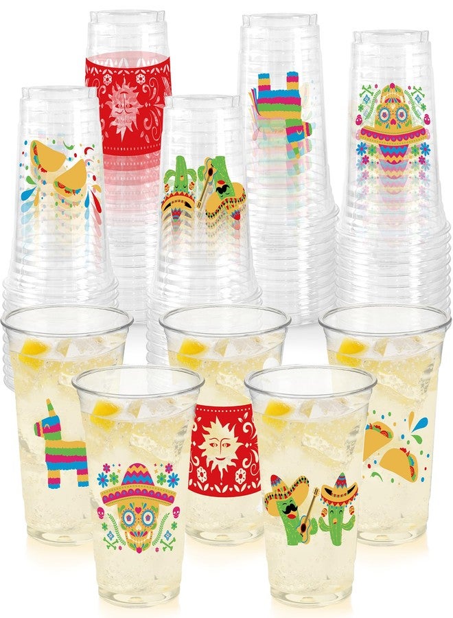 CUPLOOV 50Pcs Fiesta Cups,12 Oz Plastic Disposable Clear Mexican Cups with 5 Pattern Designs for Cinco De Mayo Drinkware Party Supplies Taco Birthday Party Decorations - Image 1