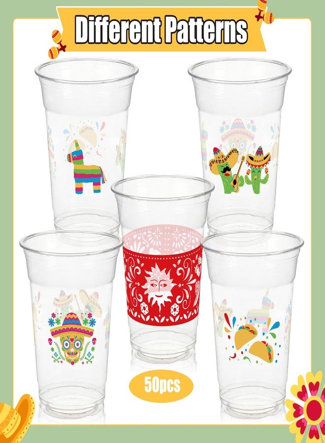 CUPLOOV 50Pcs Fiesta Cups,12 Oz Plastic Disposable Clear Mexican Cups with 5 Pattern Designs for Cinco De Mayo Drinkware Party Supplies Taco Birthday Party Decorations - Image 4