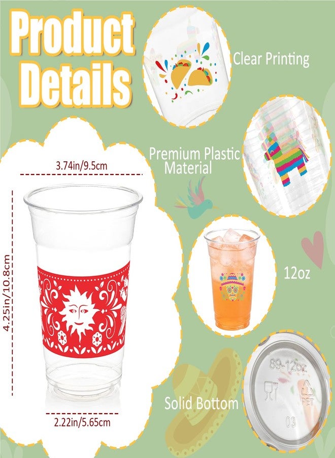 CUPLOOV 50Pcs Fiesta Cups,12 Oz Plastic Disposable Clear Mexican Cups with 5 Pattern Designs for Cinco De Mayo Drinkware Party Supplies Taco Birthday Party Decorations - Image 3
