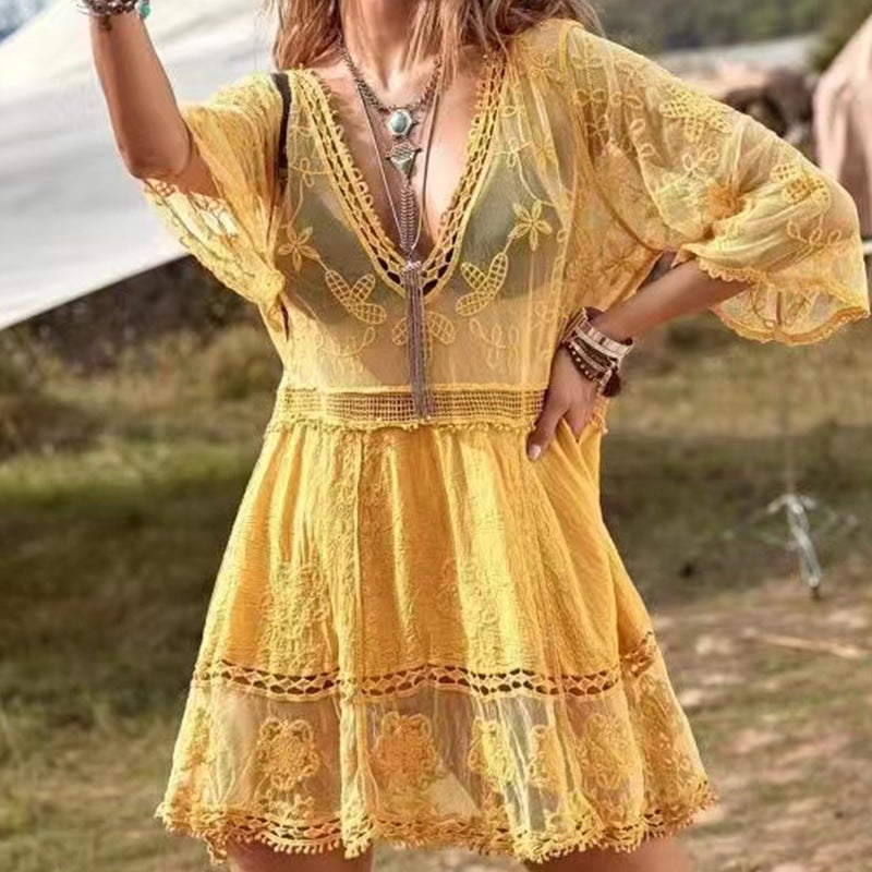 Cross-Border Beach Sun Protection Clothing Sexy Lace Loose Vacation Beach Cover-Up Skirt Bikini Swimsuit Hollow Cover-Up(Yellow, All yards) - Image 1