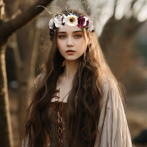 Vivivalue Deer Flower Crown Boho Flower Headband Hair Wreath Floral Headpiece Halo with Ribbon Wedding Party Festival Photos - Image 4