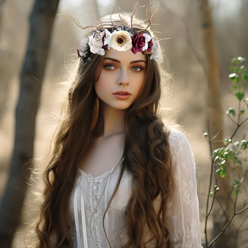 Vivivalue Deer Flower Crown Boho Flower Headband Hair Wreath Floral Headpiece Halo with Ribbon Wedding Party Festival Photos - Image 2