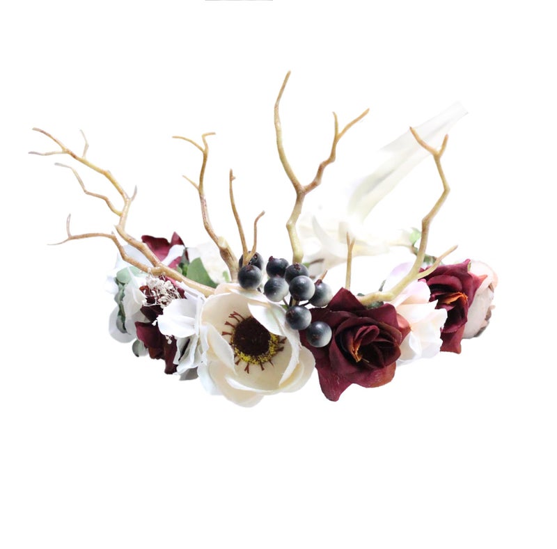 Vivivalue Deer Flower Crown Boho Flower Headband Hair Wreath Floral Headpiece Halo with Ribbon Wedding Party Festival Photos - Image 1