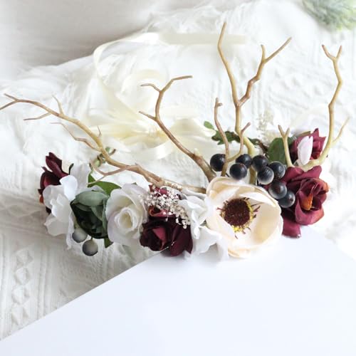 Vivivalue Deer Flower Crown Boho Flower Headband Hair Wreath Floral Headpiece Halo with Ribbon Wedding Party Festival Photos - Image 3